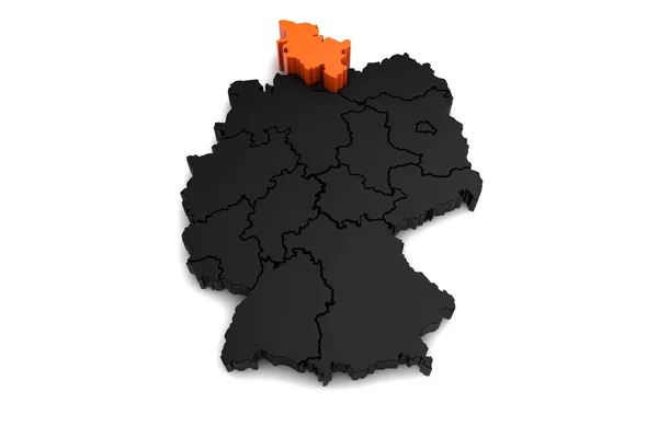 Czarny mapę Niemiec, z regionu Szlezwik Holsztyn, wyróżniony w orange.3d render — Zdjęcie stockowe