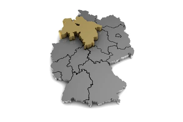Metal germany map, with Mecklenburg-Vorpommern region, highlighted in gold.3d render — Stock Photo, Image