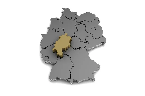 Металеві Німеччина карта, Hessen регіону, підкреслили в gold.3d рендерінгу — стокове фото