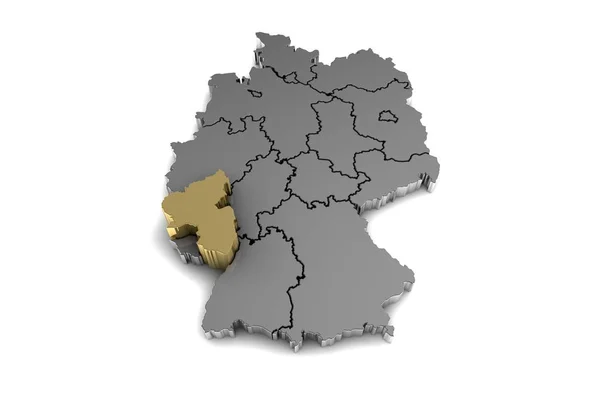 Rheinland-Pfalz bölgesi, gold.3d render vurgulanmış olan metal Almanya Haritası — Stok fotoğraf