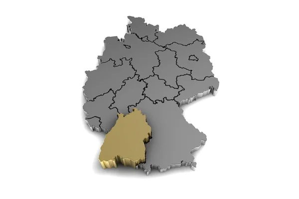 Baden Wurttemberg bölgesi, gold.3d render vurgulanmış olan metal Almanya Haritası — Stok fotoğraf