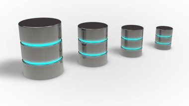 Veritabanı büyüme kavramı. Dört metal simgesi mavi parlaklık, 3d ile render
