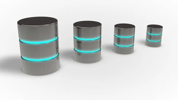 Conceito de crescimento de banco de dados. Ícone de metal quatro com brilho azul, renderização 3d — Fotografia de Stock