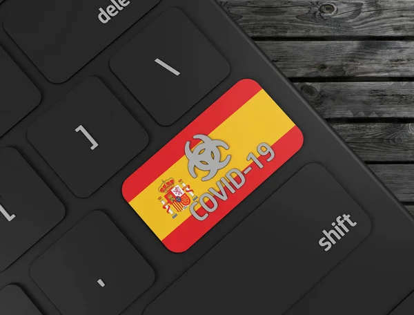 Covid 19 Klavye anahtarı İspanyol bayrağı, 3D resimleme