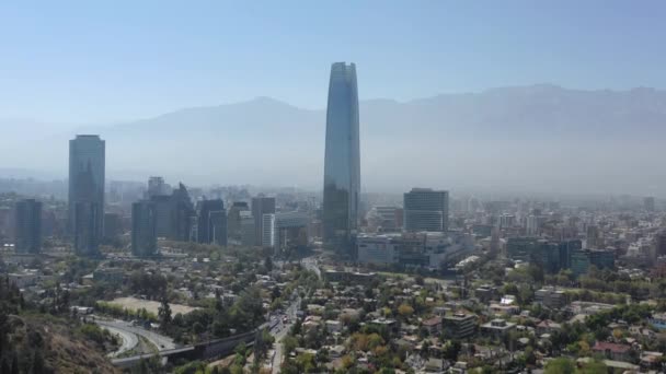 Flygfoto Med Drönare Torre Costanera Center Gran Torre Santiago Och — Stockvideo