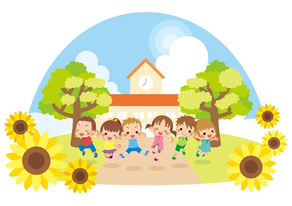 Ilustración Niños Saltando Frente Jardín Infantes — Vector de stock