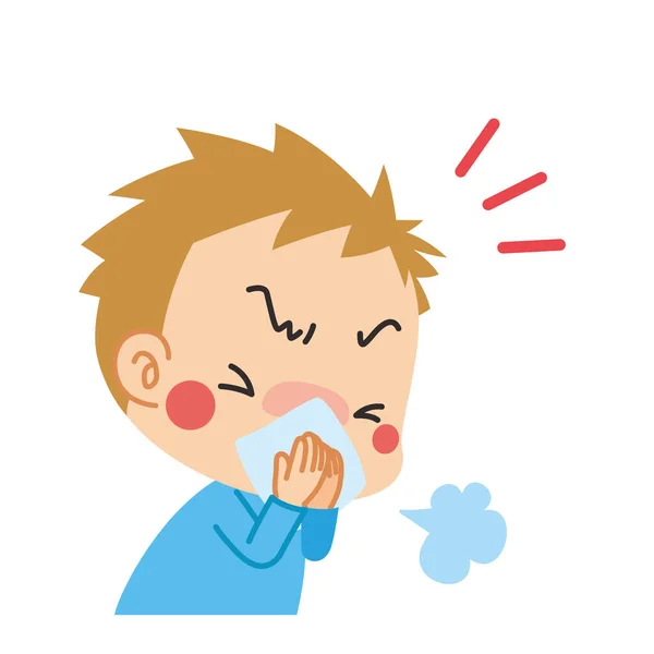 Illustration Child Sneezing Covering His Mouth Cloth — Stock Vector