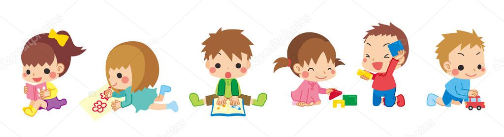 Illustration of little children playing at home.