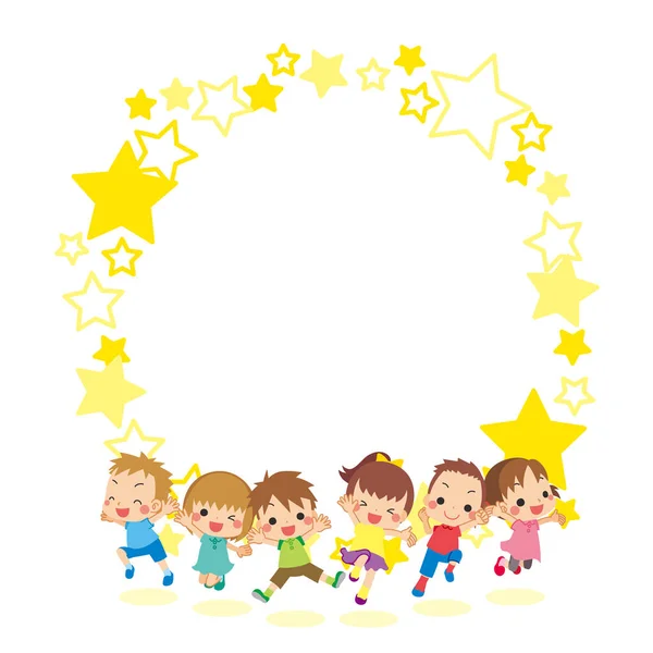 Illustration Von Fröhlichen Kindern Beim Springen Sternschnuppenmusterrahmen — Stockvektor