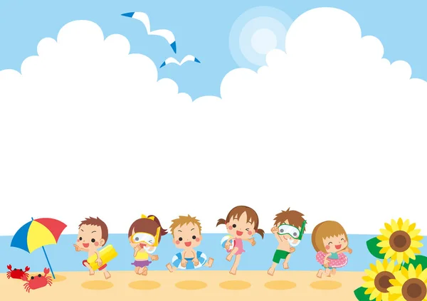 Εικονογράφηση Παιδιών Στην Παραλία — Διανυσματικό Αρχείο