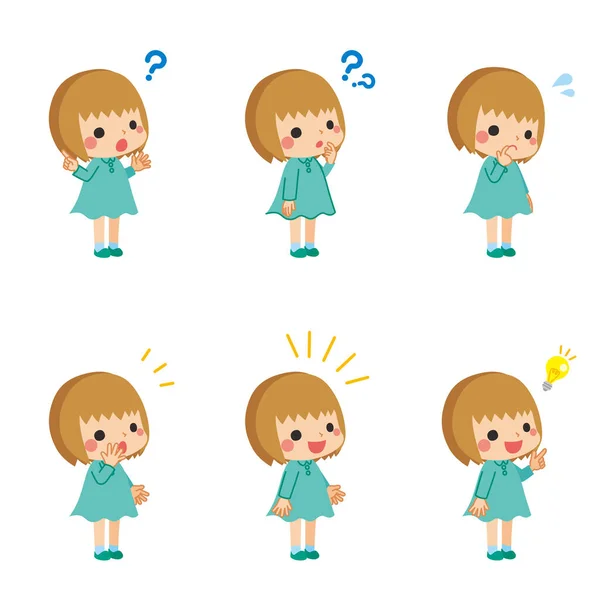 Set Illustrations Various Facial Expressions Thinking Little Girl Thinking — Stock Vector