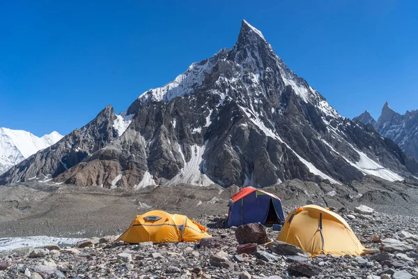 Camp site at Concordia camp with Mitre peak, K2 trek, Pakistan