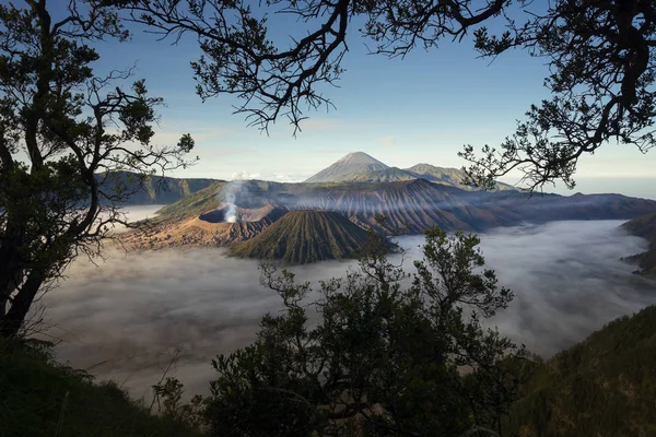 Bromo vulcano paesaggio montano in una mattina con nebbia, East Ja — Foto Stock
