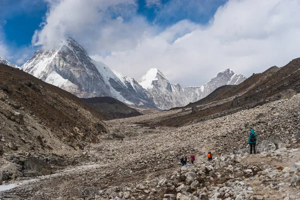 Everest 'in ana kampındaki Lobuche köyüne, Nepal, Asya' daki Himalaya Dağları 'na doğru yol alıyoruz.