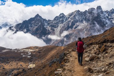 Renjo la pass 'tan geçtikten sonra Lumde köyüne yürüyen bir adam, Himalaya dağlarındaki Everest bölgesi, Nepal, Asya