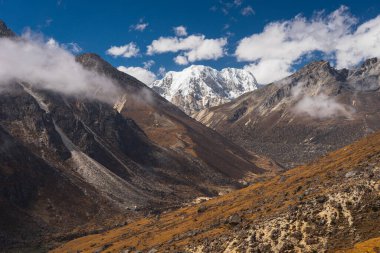 Himalaya dağ manzarası Everest ana kampındaki Lumde köyünden Nepal, Asya 'ya yürüyüş.