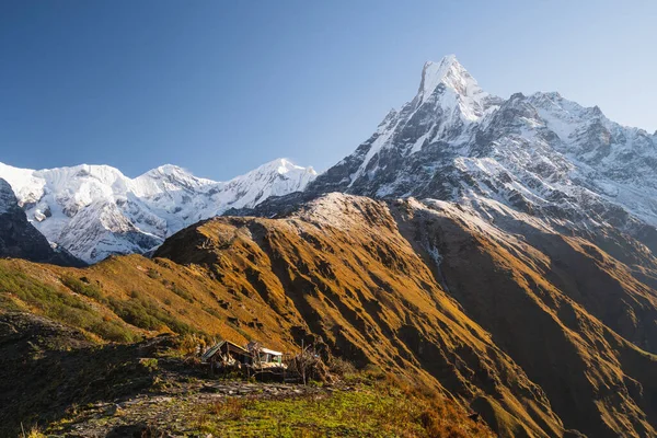 Machapuchare mountain peak, sacred peak in Annapurna range, Himalaya mountain range in Pokhara, Nepal, Asia
