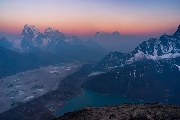 Krásné Veiw Vrcholu Gokyo Pohled Bod Při Západu Slunce Himaláje — Stock fotografie