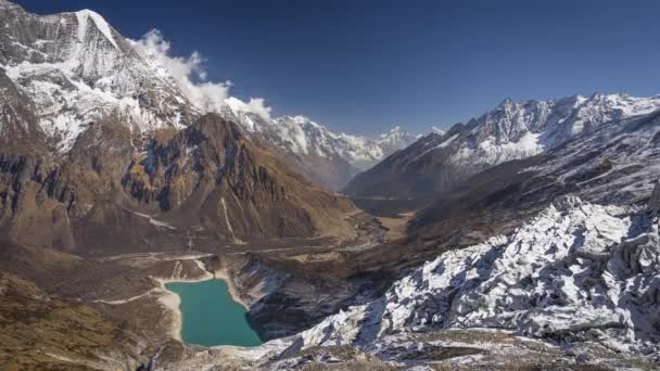 Timelapse Montaña Himalaya Desde Camino Campamento Base Manaslu Aldea Samaguan — Vídeos de Stock