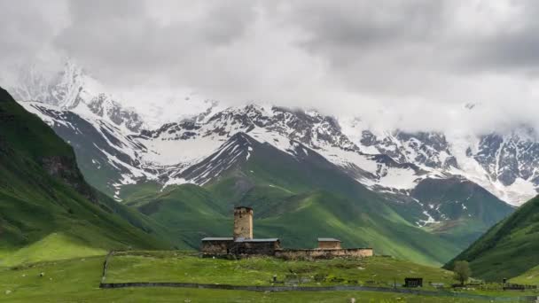 Ushguli Village Highest Settlement Europe Surrounded Caucasus Mountain Georgia Europe — Stock Video