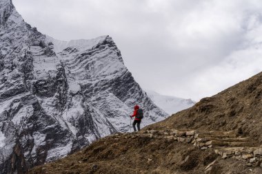 Manaslu pistinde sırt çantalı bir yürüyüşçü, Himalaya dağları Nepal, Asya 'da.