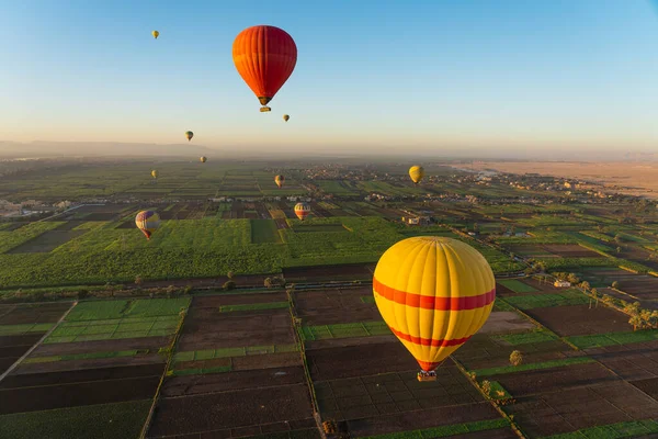 Luxor şehrinin yukarısındaki sıcak hava balonları, gün doğumunda, Yukarı Mısır, Afrika