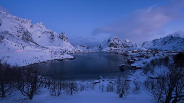 Časová Prodleva Reine Rybaření Zimním Období Ostrově Lofoten Krásném Ranním — Stock video