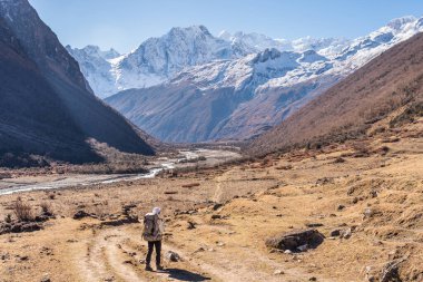 Sırt çantalı bir yürüyüşçü Manaslu patikasında yürüyor, Himalaya dağları Nepal, Asya 'da.