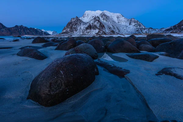 Uttakleiv Παραλία Νύχτα Στη Χειμερινή Περίοδο Lofoten Νησί Nordland Νορβηγία — Φωτογραφία Αρχείου