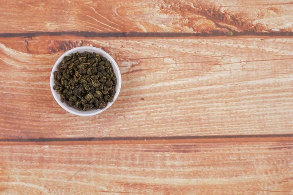 Hojas Chino Secas Tazón Pequeño Sobre Fondo Madera — Foto de Stock