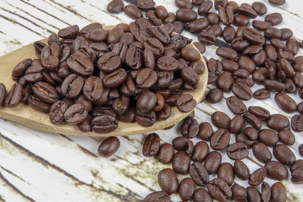 Coffee Beans Wooden Spoon Old Rusty Background — Stock Photo, Image