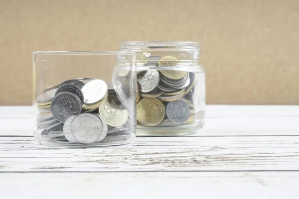 Glass Jar Coins Wooden Background — Stock Photo, Image