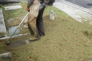 Kuala Lumpur, 15 Ocak 2017. İşçi kesme çim çim kesici makine yerleşim alanı