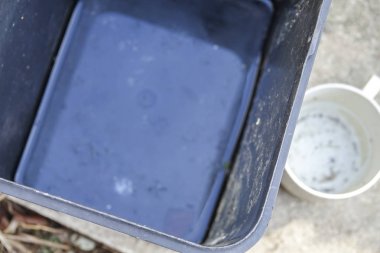 Stagnan çöp konteyner ve potansiyel musquitoes zemin ıslahı için plastik bardak suda. Bulanık resim.