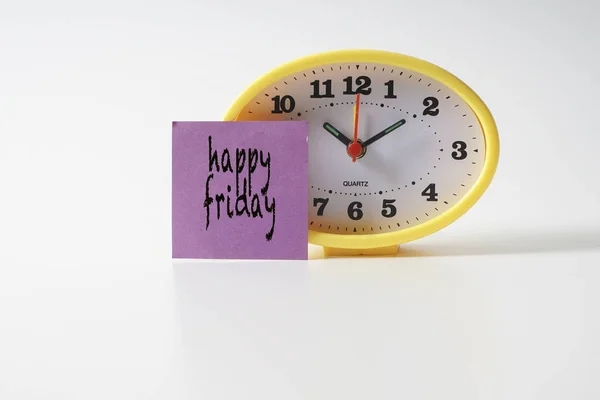 Yellow Table Clock Time Management Conceptual Text Note — Stock Photo, Image