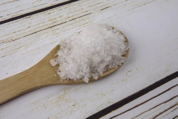 Sea Salt Wooden Spoon Also Called Bay Salt Solar Salt — Stock Photo, Image