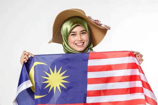 Young Beutiful Lady Holds Malaysia Flag Isoleted Whitebackground — Stock Photo, Image