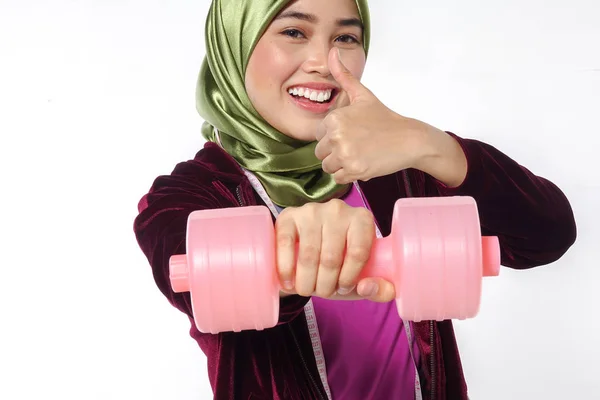 Jovem Muito Asiático Menina Exercício Com Haltere Fita Métrica Conceito — Fotografia de Stock