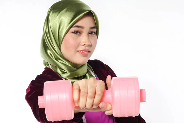 Jovem Muito Asiático Menina Exercício Com Haltere Fita Métrica Conceito — Fotografia de Stock
