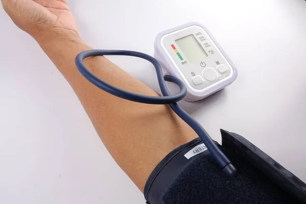 Male Checking Blood Pressure White Background — Stock Photo, Image