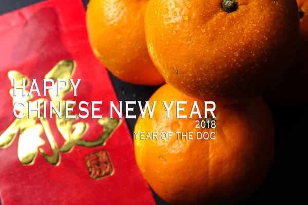 快乐的中国年概念 2018年的狗 红包和橘子 字符意味运气 — 图库照片