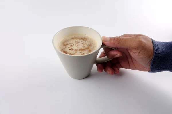 Caffè Cappuccino Latte Macchiato Tazza Con Latte Schiumato Isolato Bianco — Foto Stock