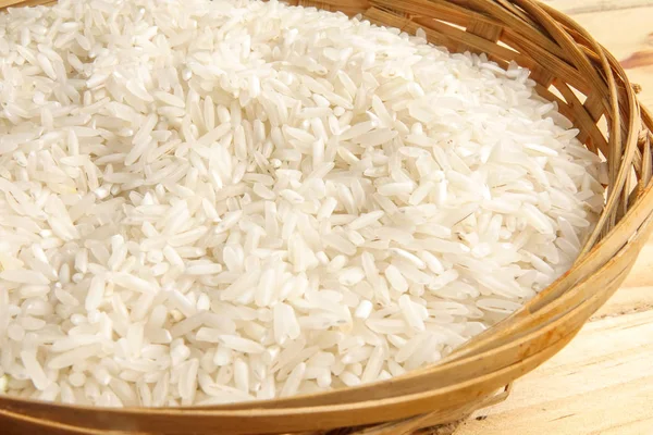 Fresh Rice Wicker Basket Wooden Table Side Lighting Effect — Stock Photo, Image