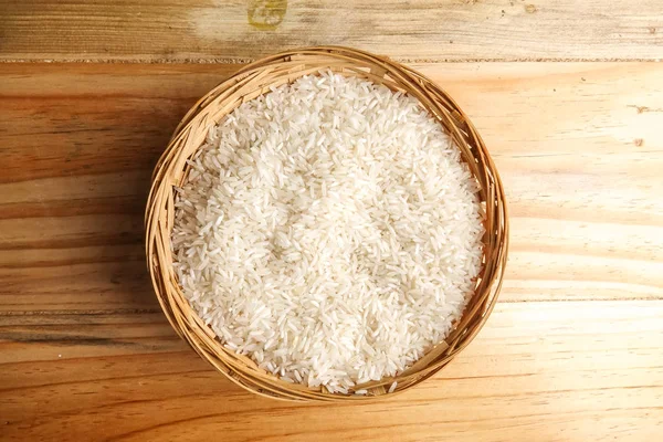 Fresh Rice Wicker Basket Wooden Table Side Lighting Effect — Stock Photo, Image