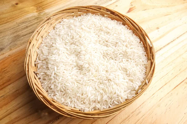 Fresh Rice Wicker Basket Wooden Table Side Lighting Effect — Stock Photo, Image