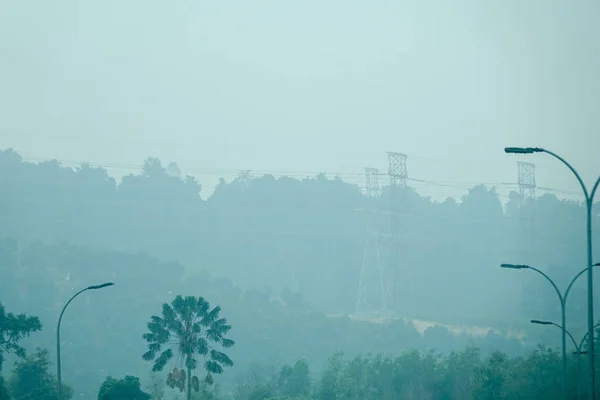 Vue Rurale Par Faible Visibilité Avec Brume Brouillard Dangereux Kuala — Photo