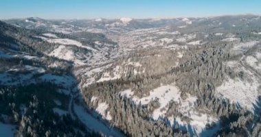 Drone görüntüleri kar ağaçları, kış doğasını güzel Avrupa hava manzarasını çam ormanı dağını, mevsimlik seyahatleri, donuk doğayı 4k
