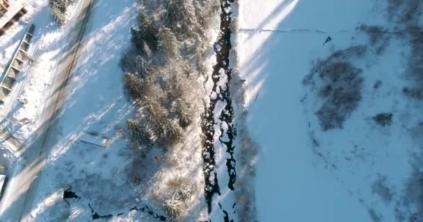 Wintersaison Verschneiter Bergwald Luftaufnahme Atemberaubende Naturlandschaft Häuser Und Dunkler Gebirgsfluss — Stockvideo