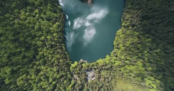 Lago Montaña Con Agua Turquesa Árboles Verdes Vista Aérea Del — Vídeos de Stock