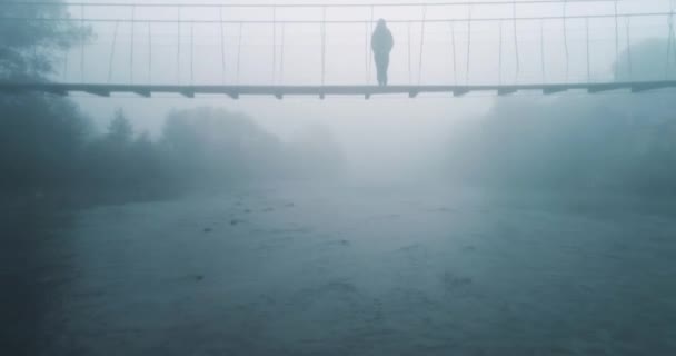 Aerial Shot Suspension Bridge River Carpathian Mountains Weather Foggy Cloudy — Stock Video